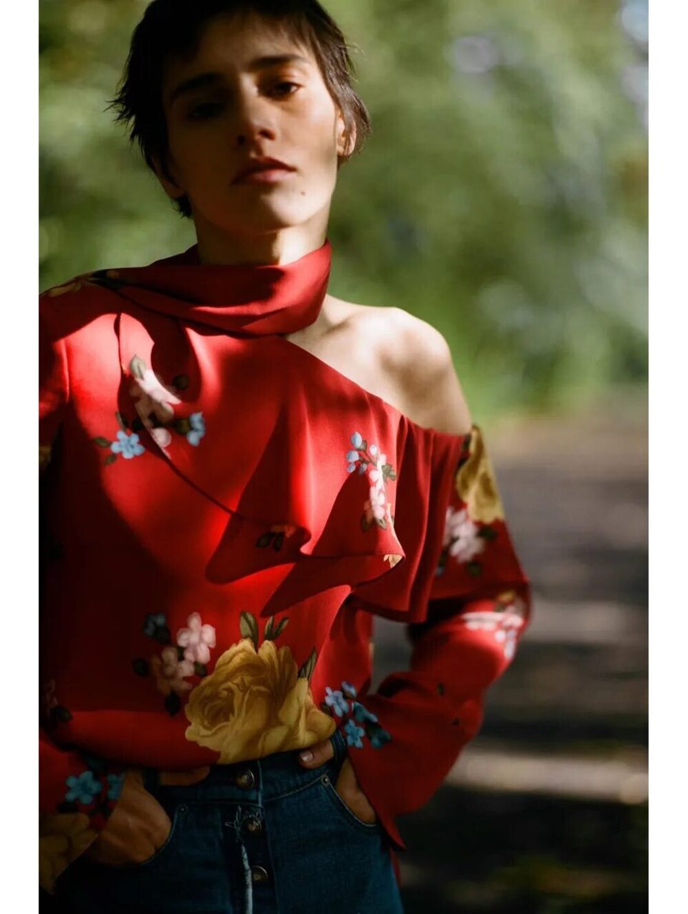 Magda Butrym Red Silk Floral Asymmetric "Hanoi" Blouse - FR 36 / US 4